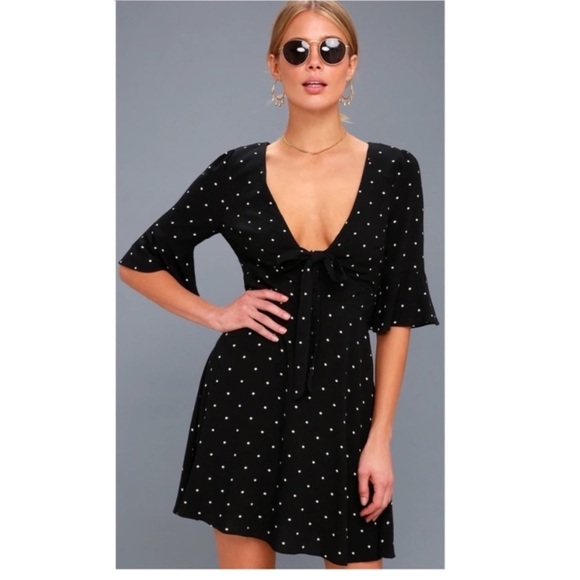 Free People Polka Dots Skater Mini Dress in Black with White Dots - Picture 2 of 8